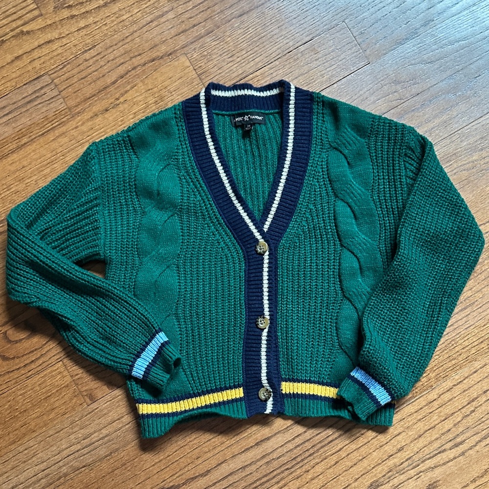 Emerald Green Cable Knit Cardigan with Navy Trim